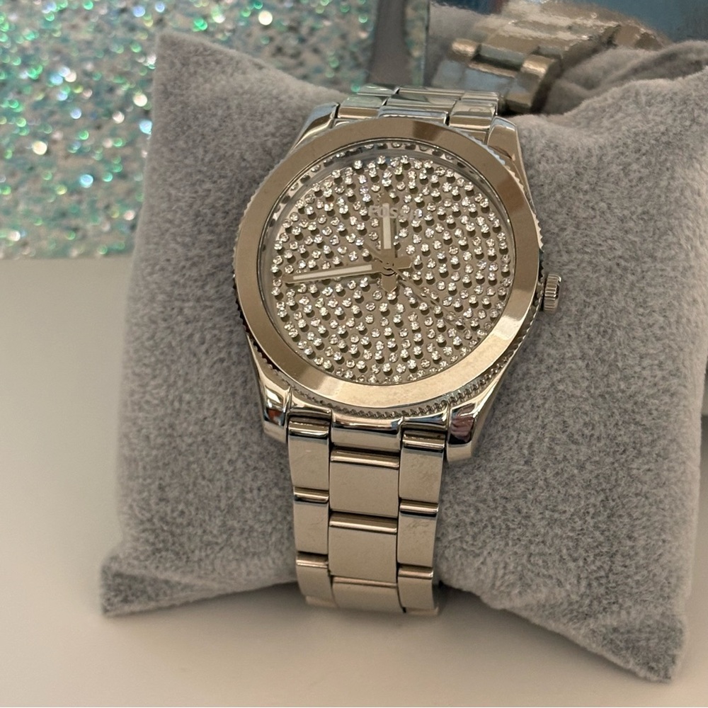 Fossil Unisex Perfect Boyfriend Silver Tone Crystal Pave Dial Watch 40 mm